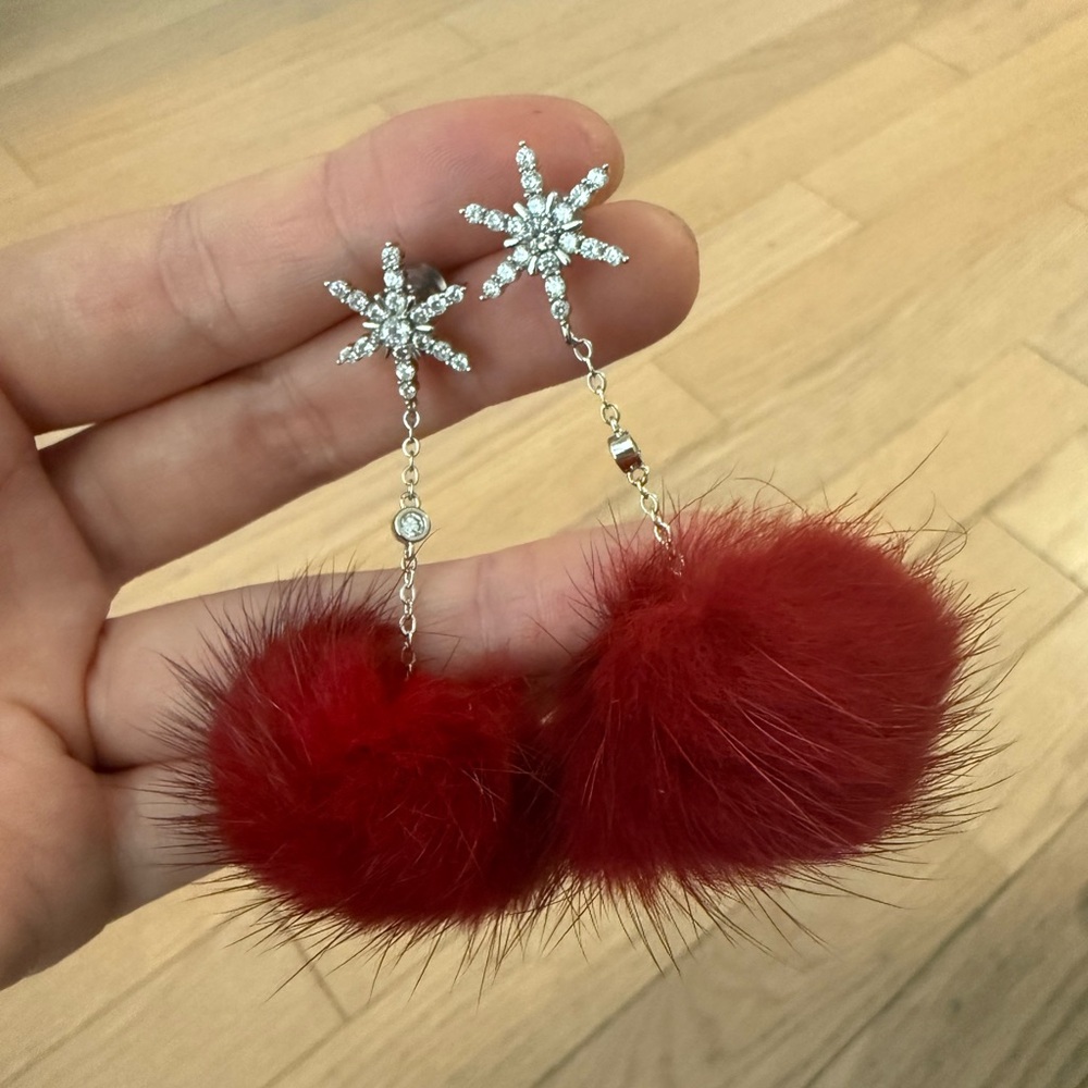 Elegant Starburst Red Pom Pom Earrings unworn